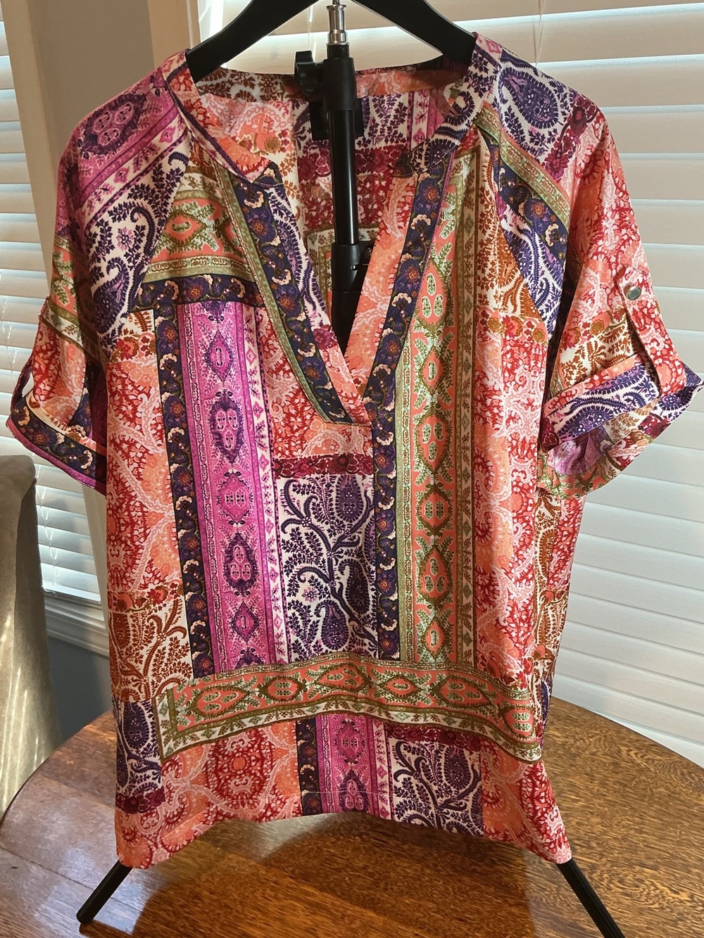 JM Collection Multicolor Paisley V-Neck Blouse - Coral, Purple, Pink